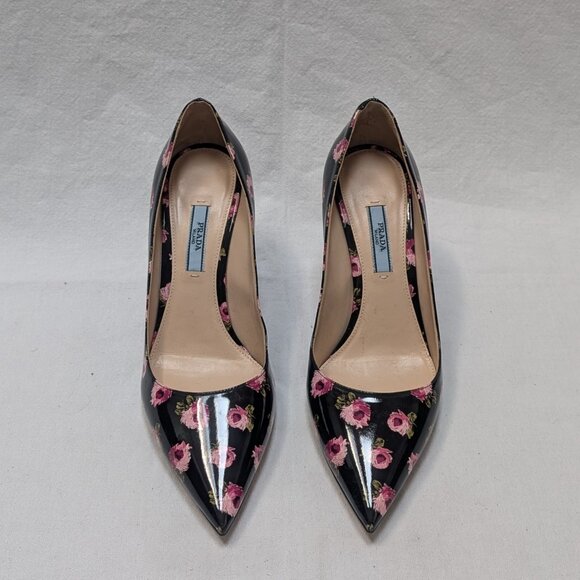 Prada Patent Leather Black with Pink Rose Floral Pumps Heels Size 38 US 8 New - Picture 6 of 8